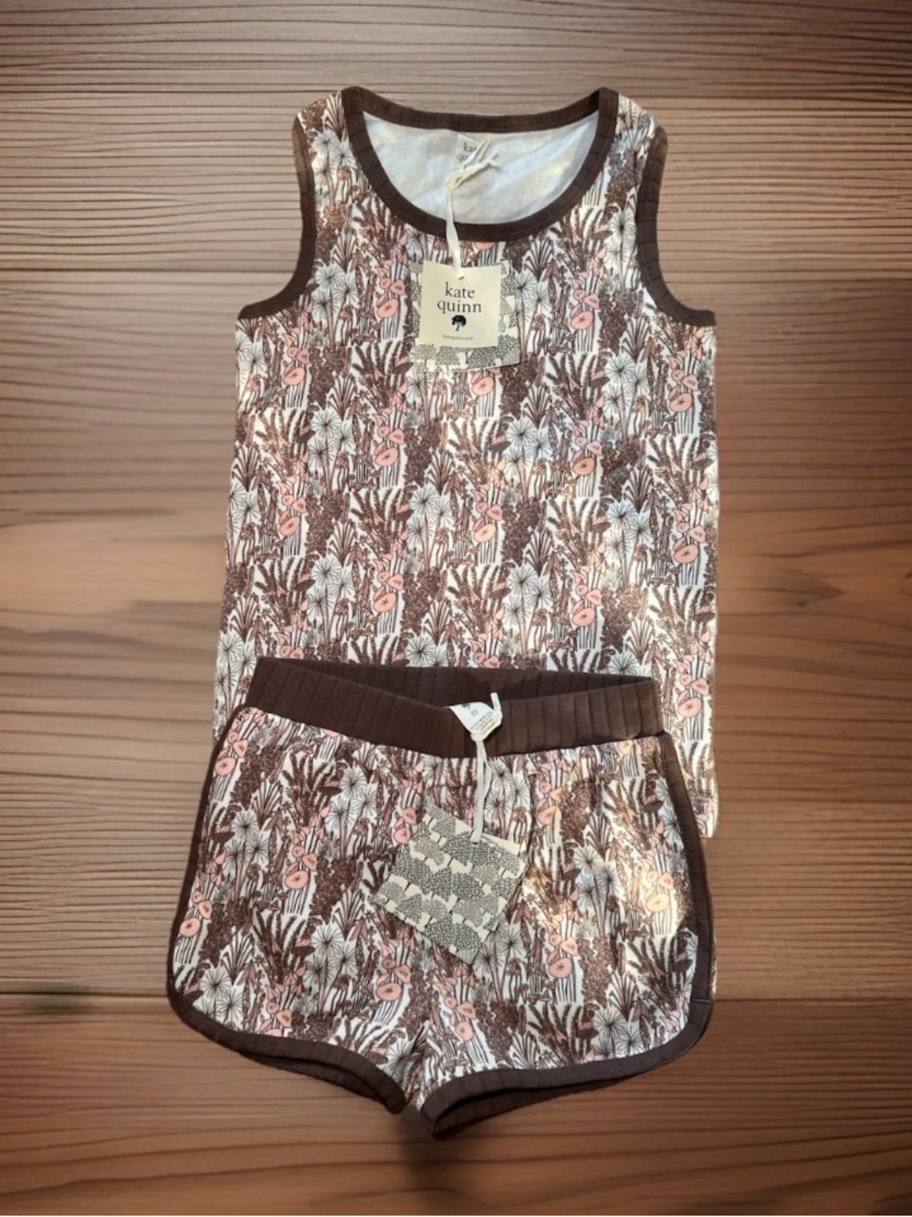kate quinn 5T Brown & Pink Floral Mushroom Tank and Shorts Set Organic Cotton